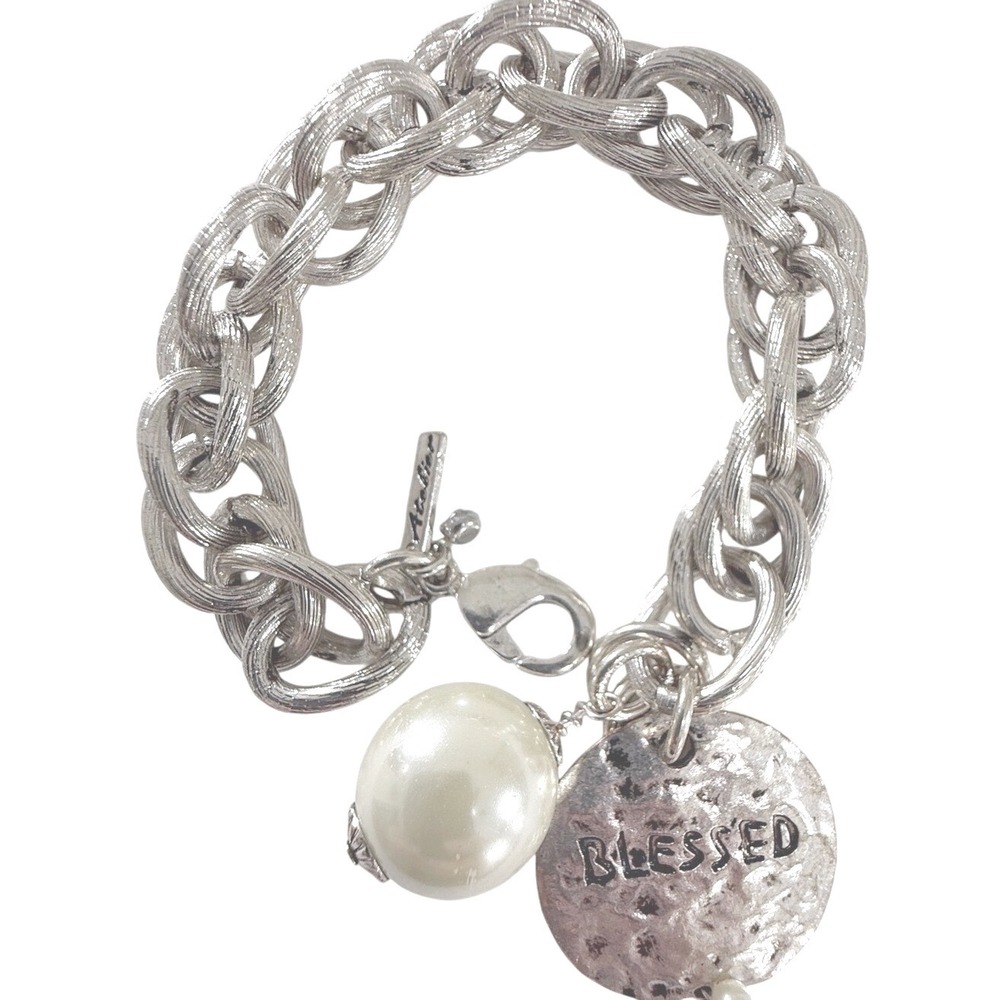 Atelier Charm Bracelet 8 Inch Silver Tone Blessed Disc Faux Pearl Jewelry
